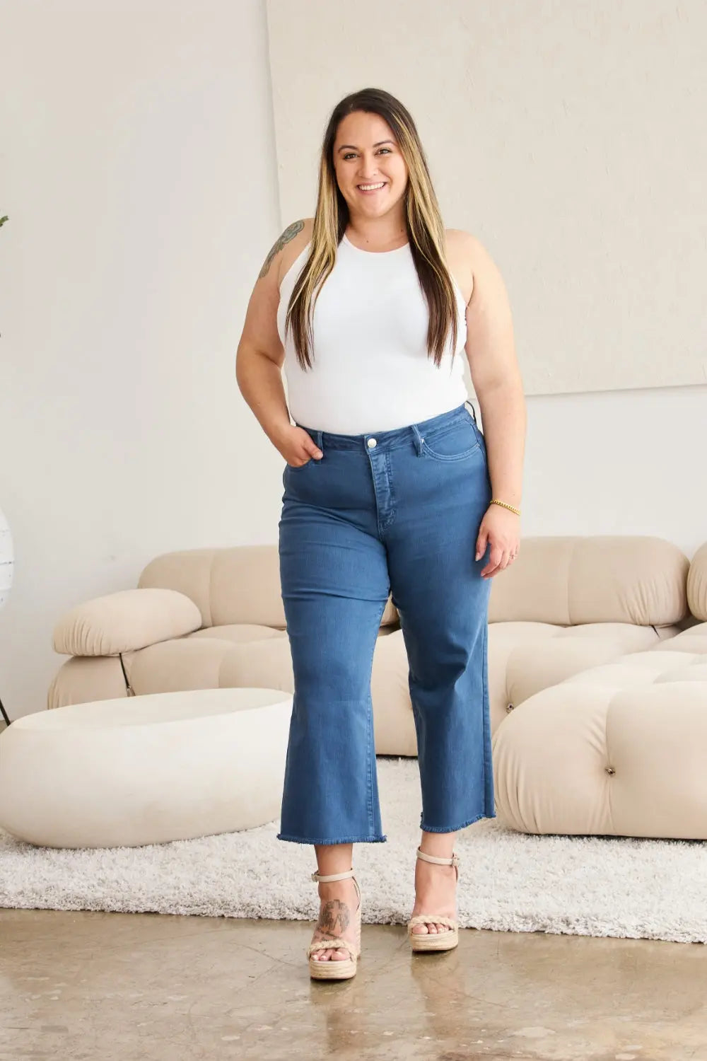RFM Crop Full Size Tummy Control High Waist Raw Hem Jeans