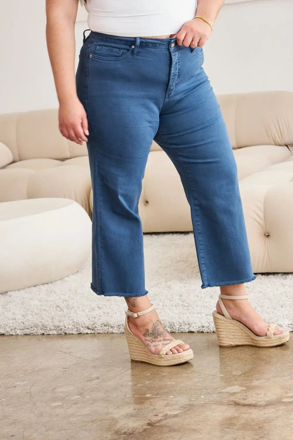 RFM Crop Full Size Tummy Control High Waist Raw Hem Jeans