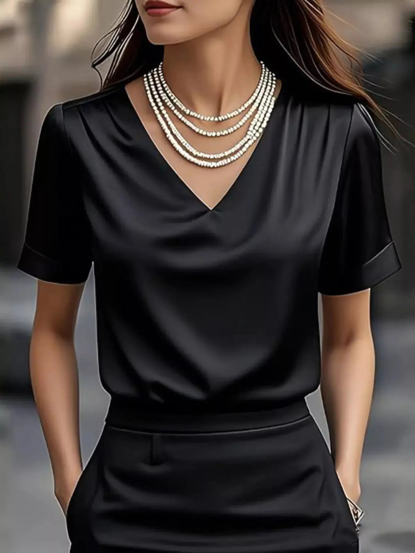 V-Neck Short Sleeve Satin Blouse