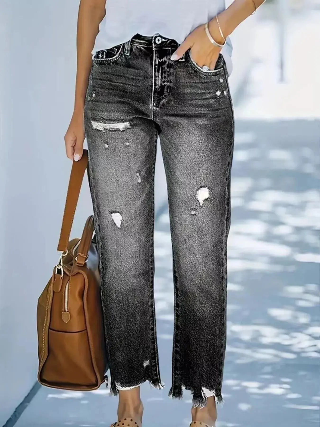Distressed Straight Leg Jeans with Raw Hems