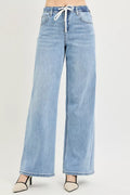 RISEN Elastic Band Slouchy Wide Leg Jeans with Drawstring