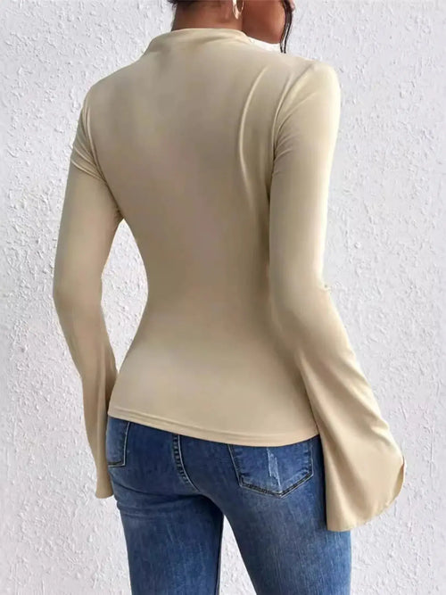 Bell Sleeve Fitted Ruched T Shirt with Mock Neck