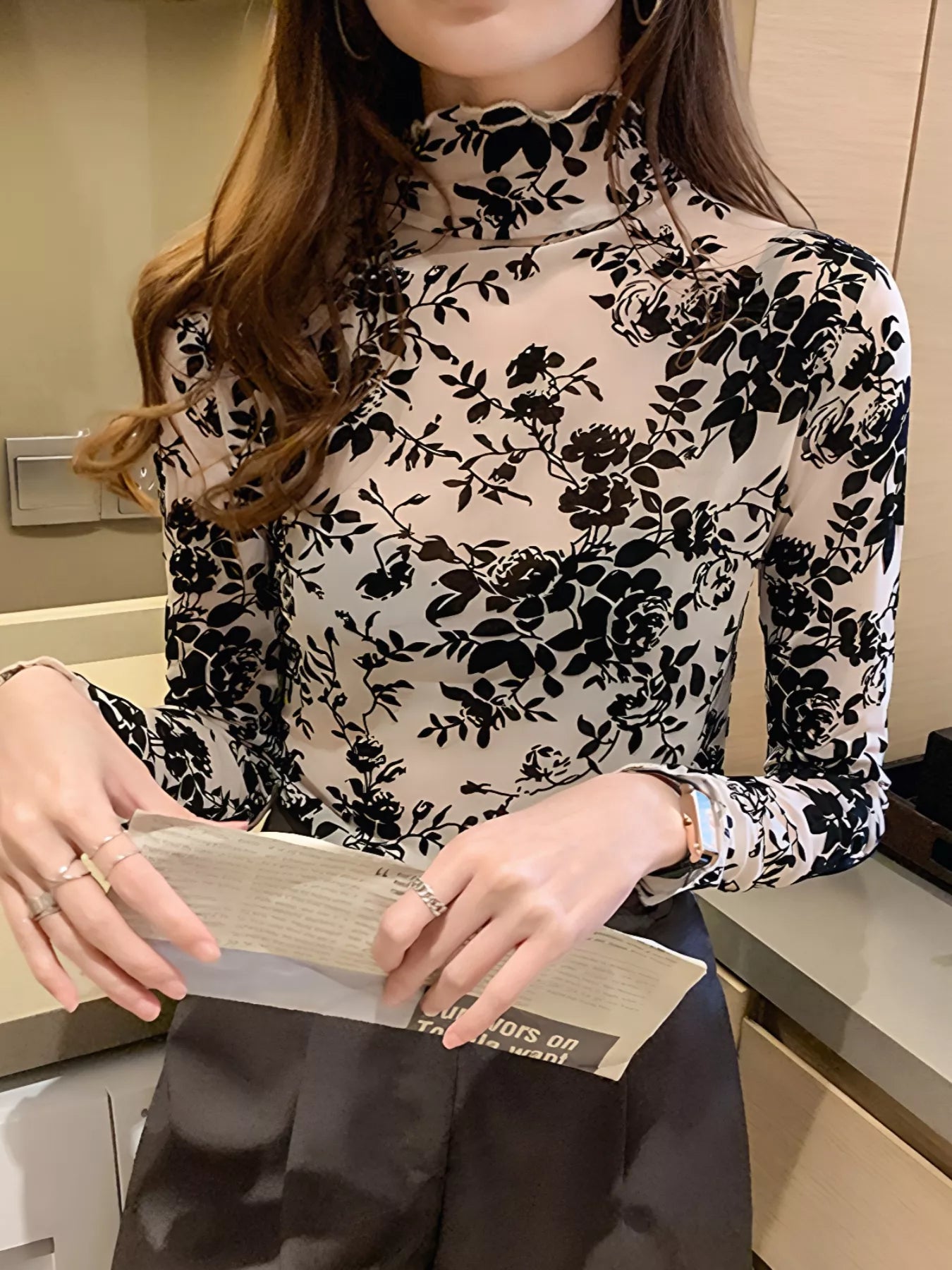 Floral Turtleneck Long Sleeve Top