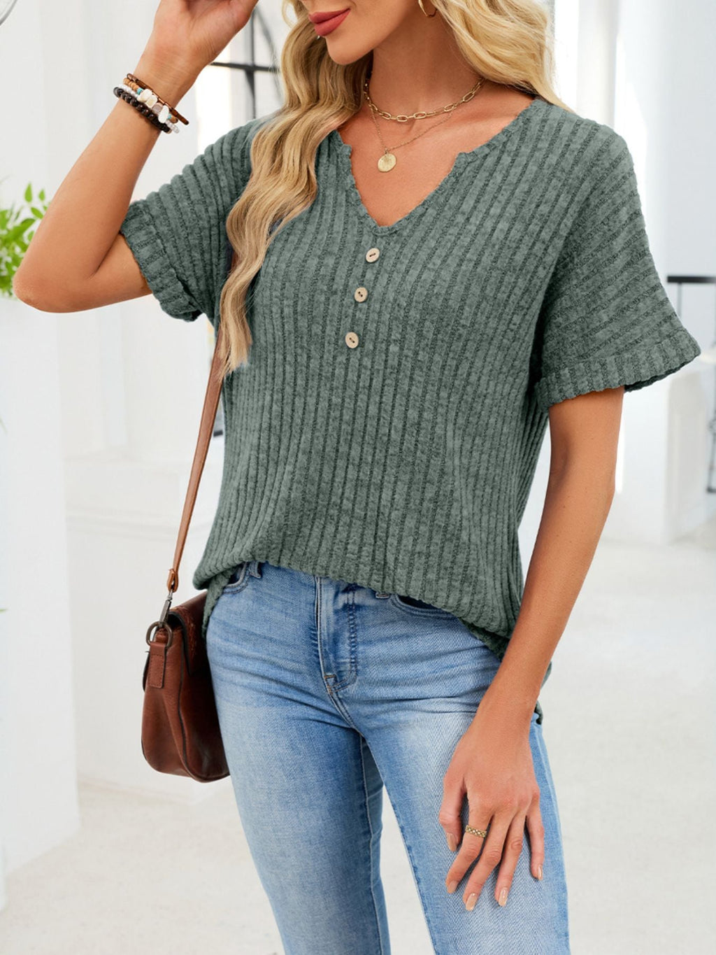 Women's Ribbed Knit Button V Neck Short Sleeve T Shirt