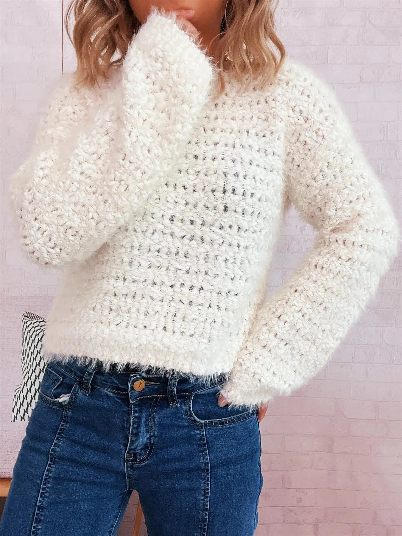 Crochet Dropped Shoulder Round Neck Sweater