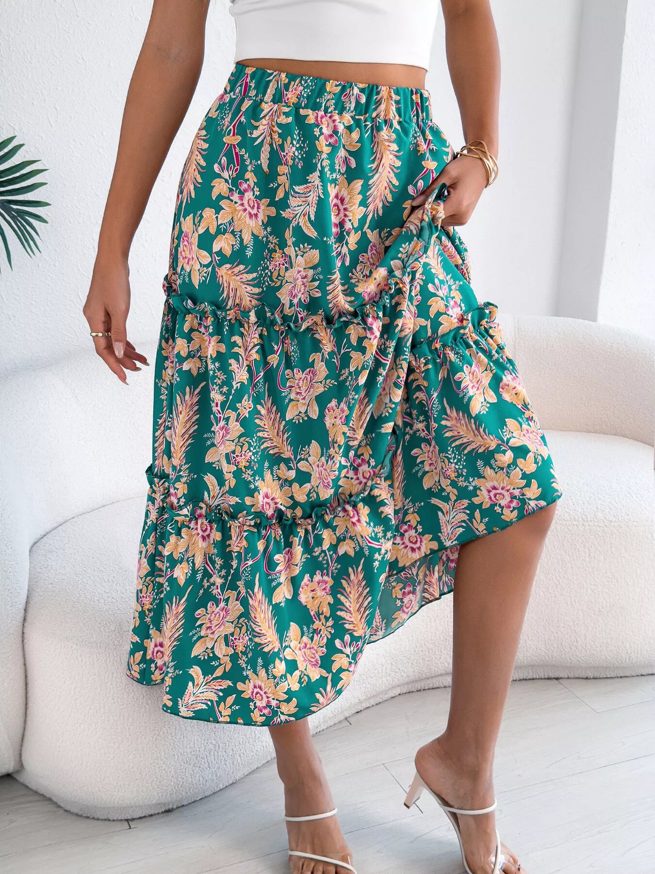 Floral Print Ruffle Hem Flowy Midi Skirt