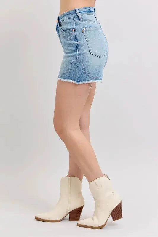 Judy Blue Jeans - Plus Size High Waist Western Embroidery Detail Cut Off Denim Shorts