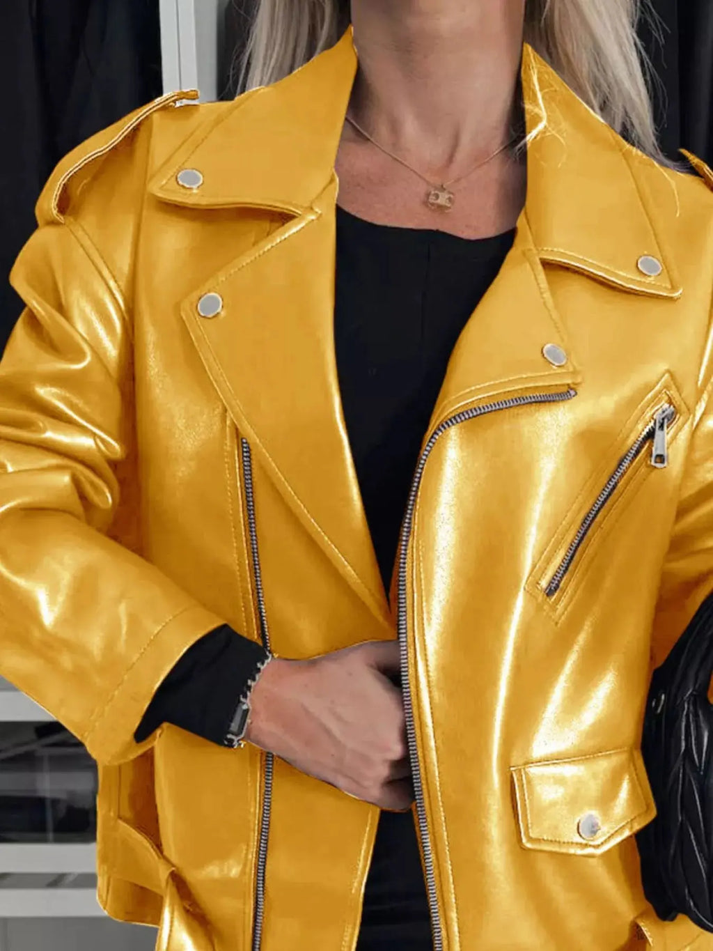 Plus Size Zip Up Long Sleeve Faux Leather Jacket