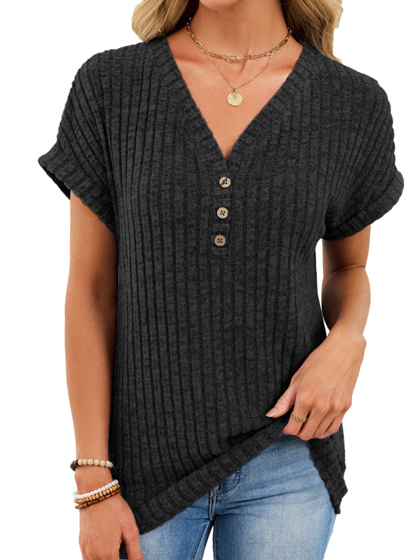 V Neck Ribbed Knit T Shirt