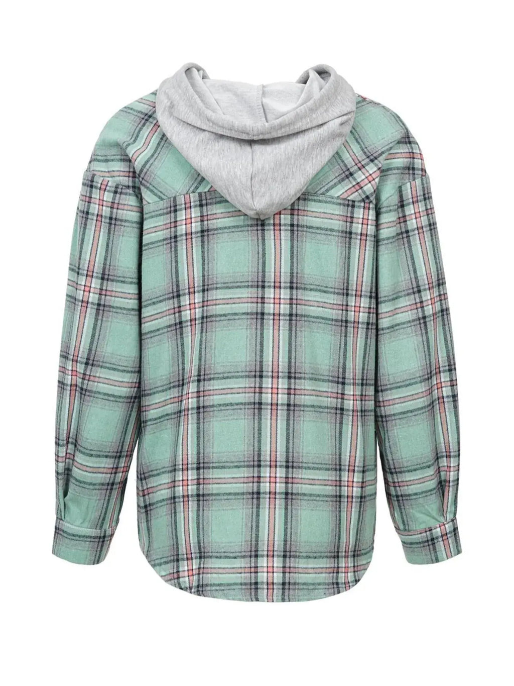 Plaid Button-Up Oversized Hooded Shirt with Chest Pocket