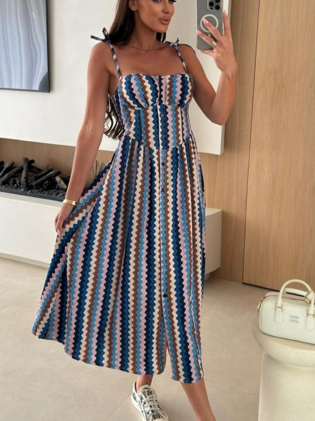 Striped Tie Shoulder Midi Dress