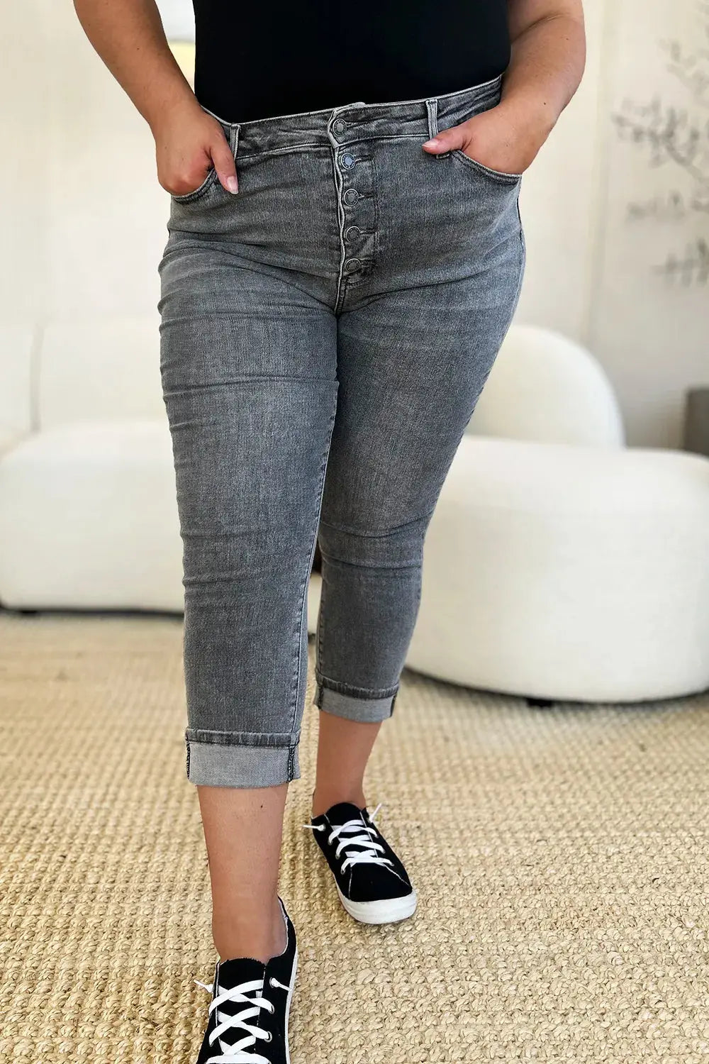 Judy Blue Jeans - Full Size Button Fly High Waist Cuffed Capris