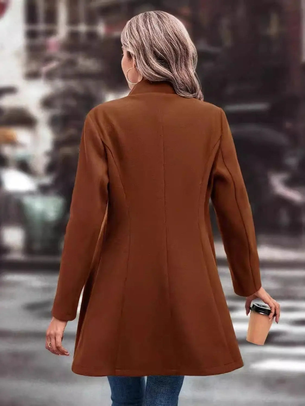 Collared Neck Long Sleeve Womens Longline Coat