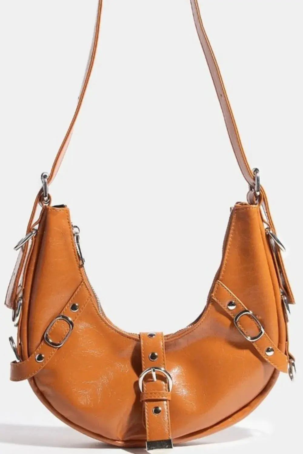 Fame Multi Belt Strap Cognac Shoulder Bag – Buckle Accent Crescent Purse