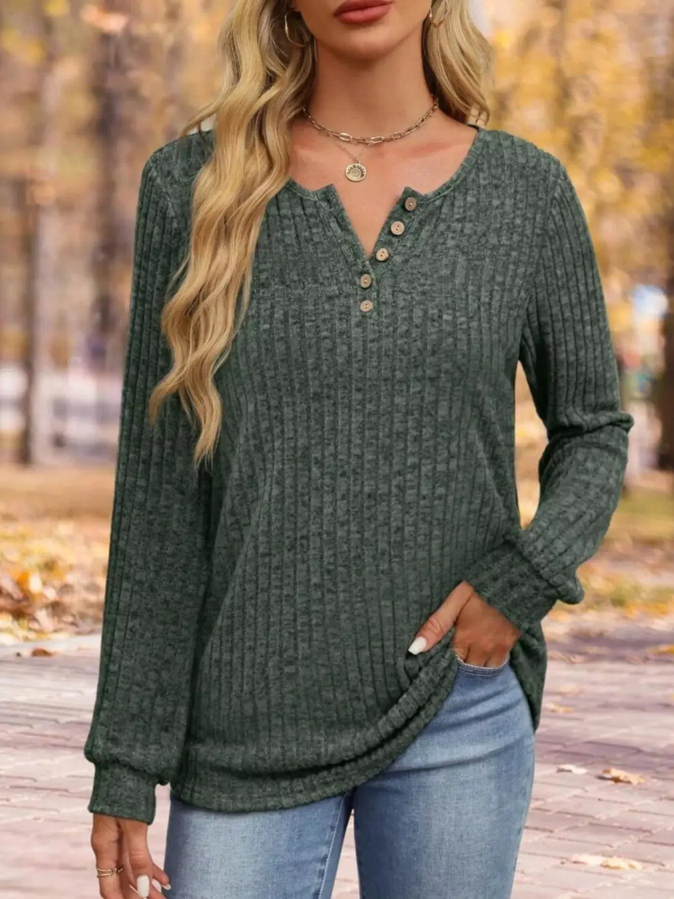 Ribbed Knit Button Front Long Sleeve T Shirt
