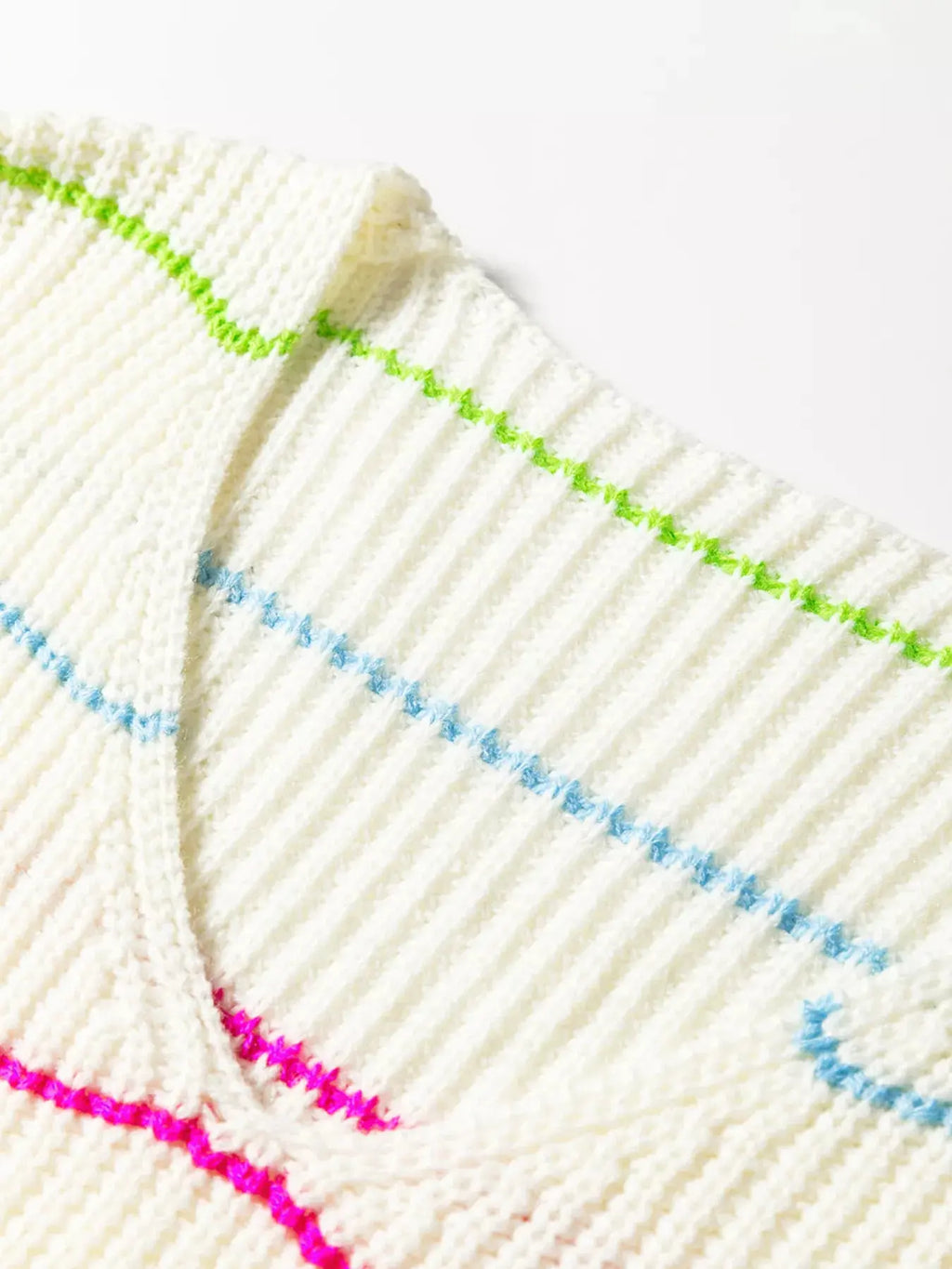 Colorful Striped Detail V-Neck Baggy Drop Shoulder Sweater