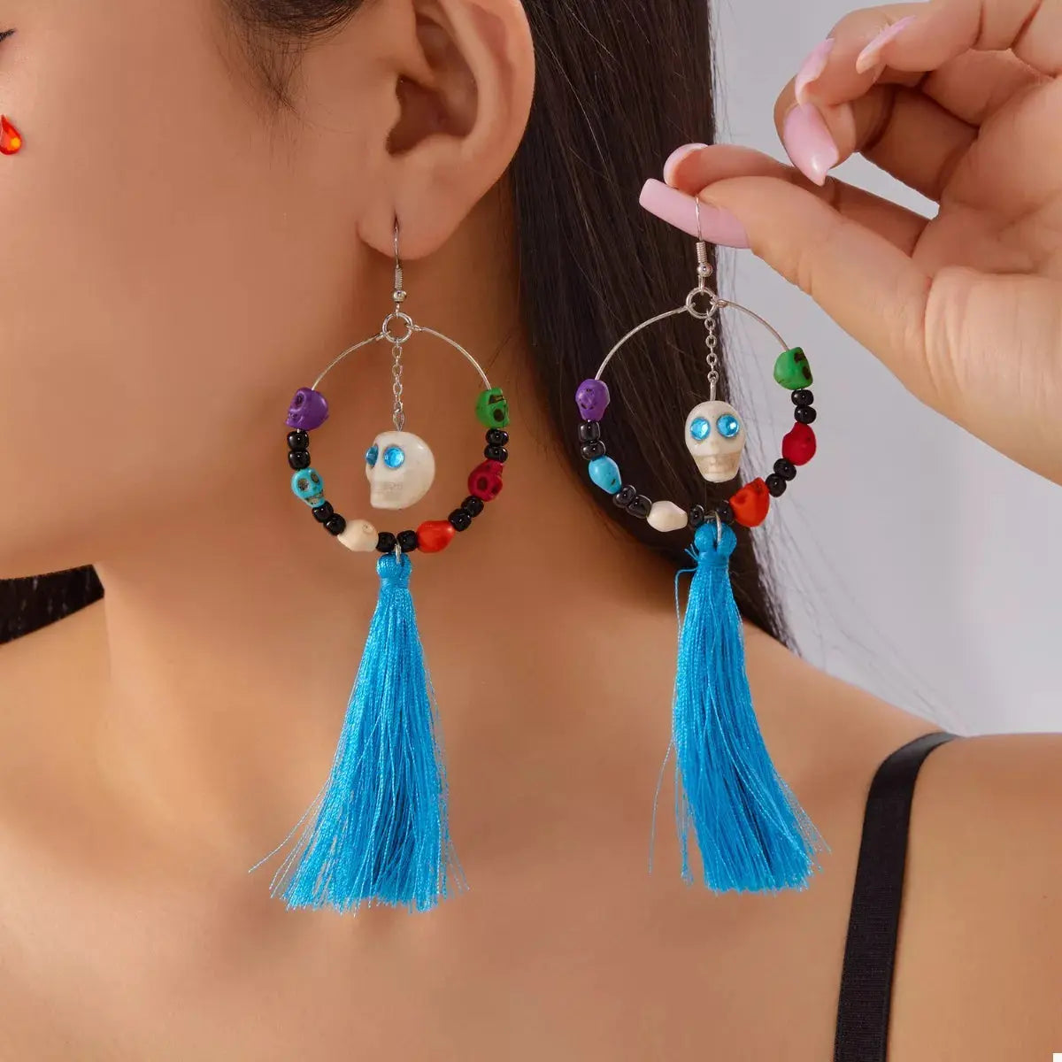 Sugar Skull Tassel Halloween Drop Earrings