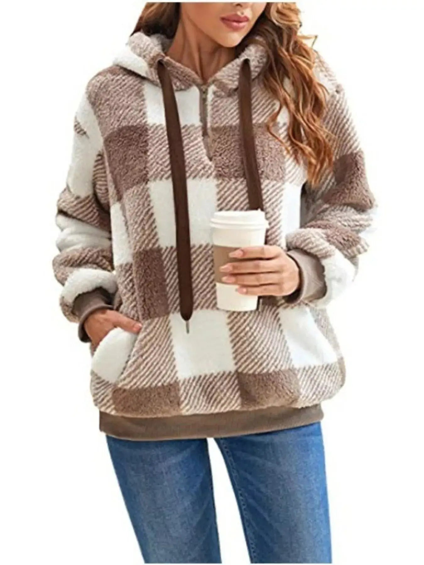 Plus Size Plaid Drawstring Sherpa Hoodie