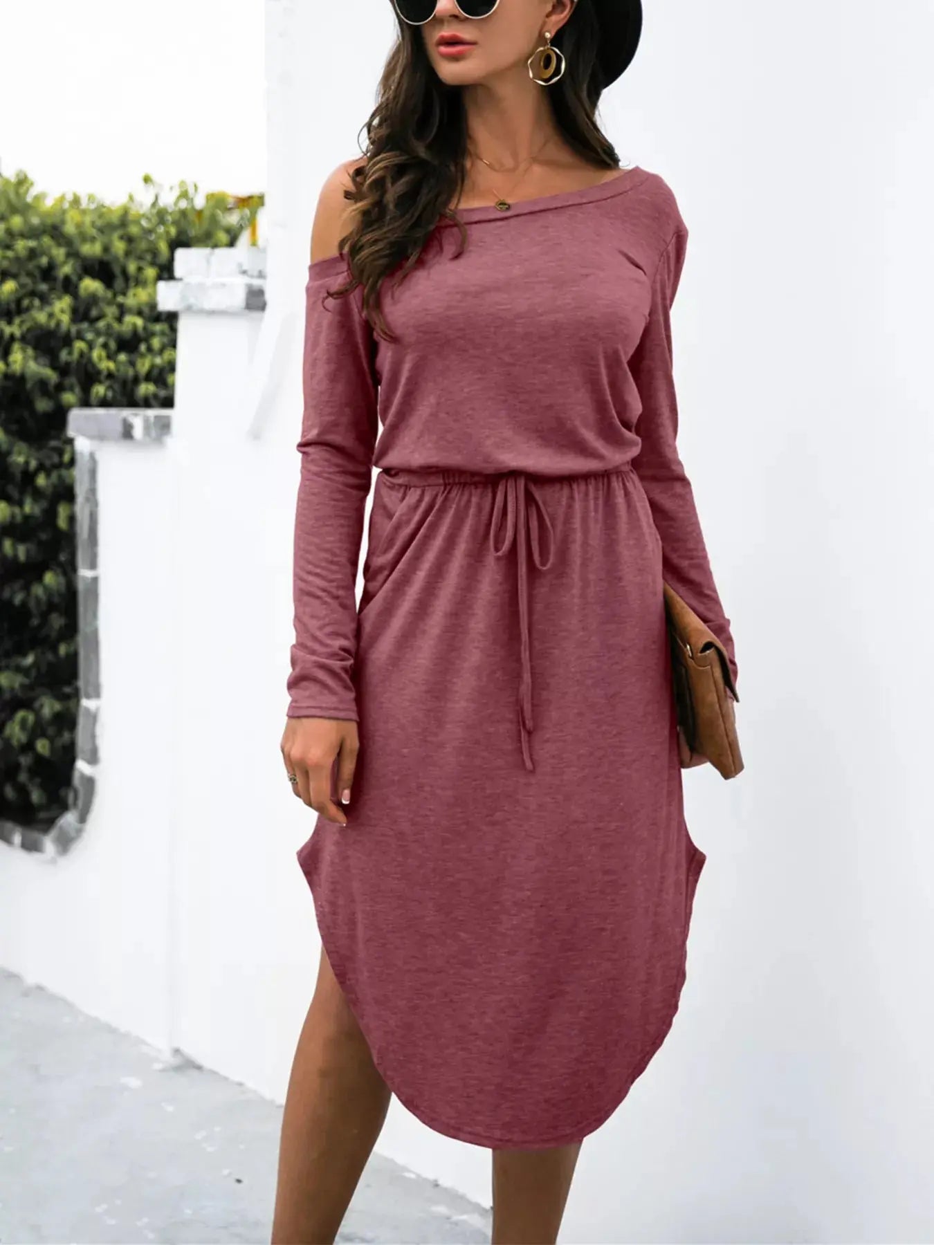 One Shoulder Long Sleeve Midi Dress with Drawstring Waist
