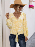 V-Neck Long Sleeve Tie Front Blouse