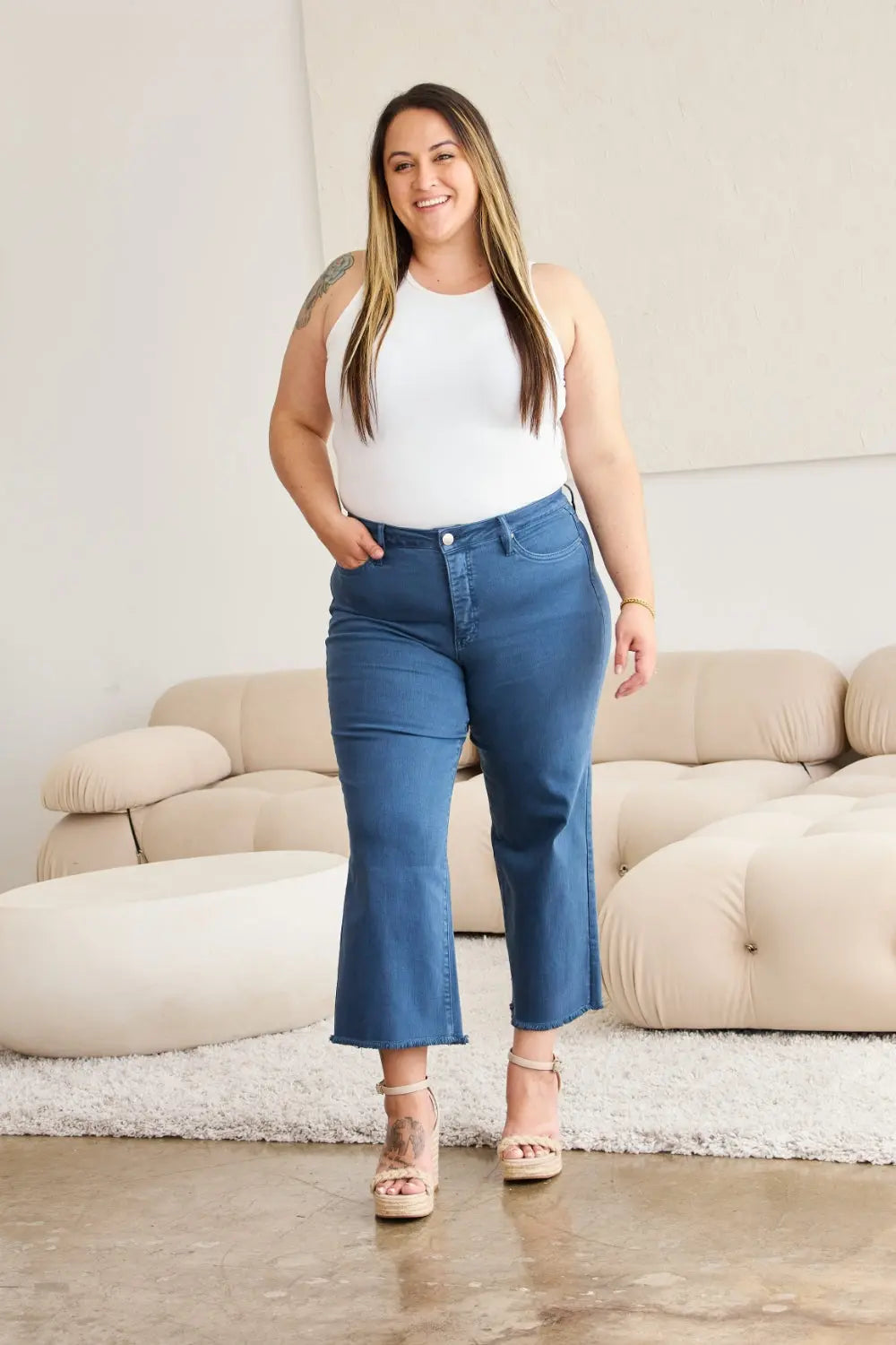 RFM Crop Full Size Tummy Control High Waist Raw Hem Jeans