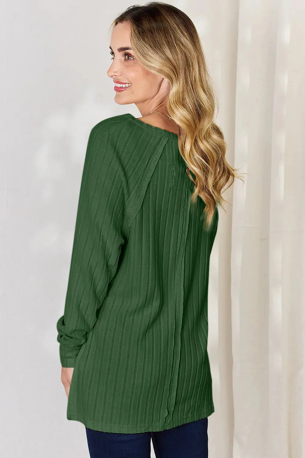 Basic Bae Ribbed Round Neck Slit Womens Long Sleeve T Shirt – Full & Plus Size