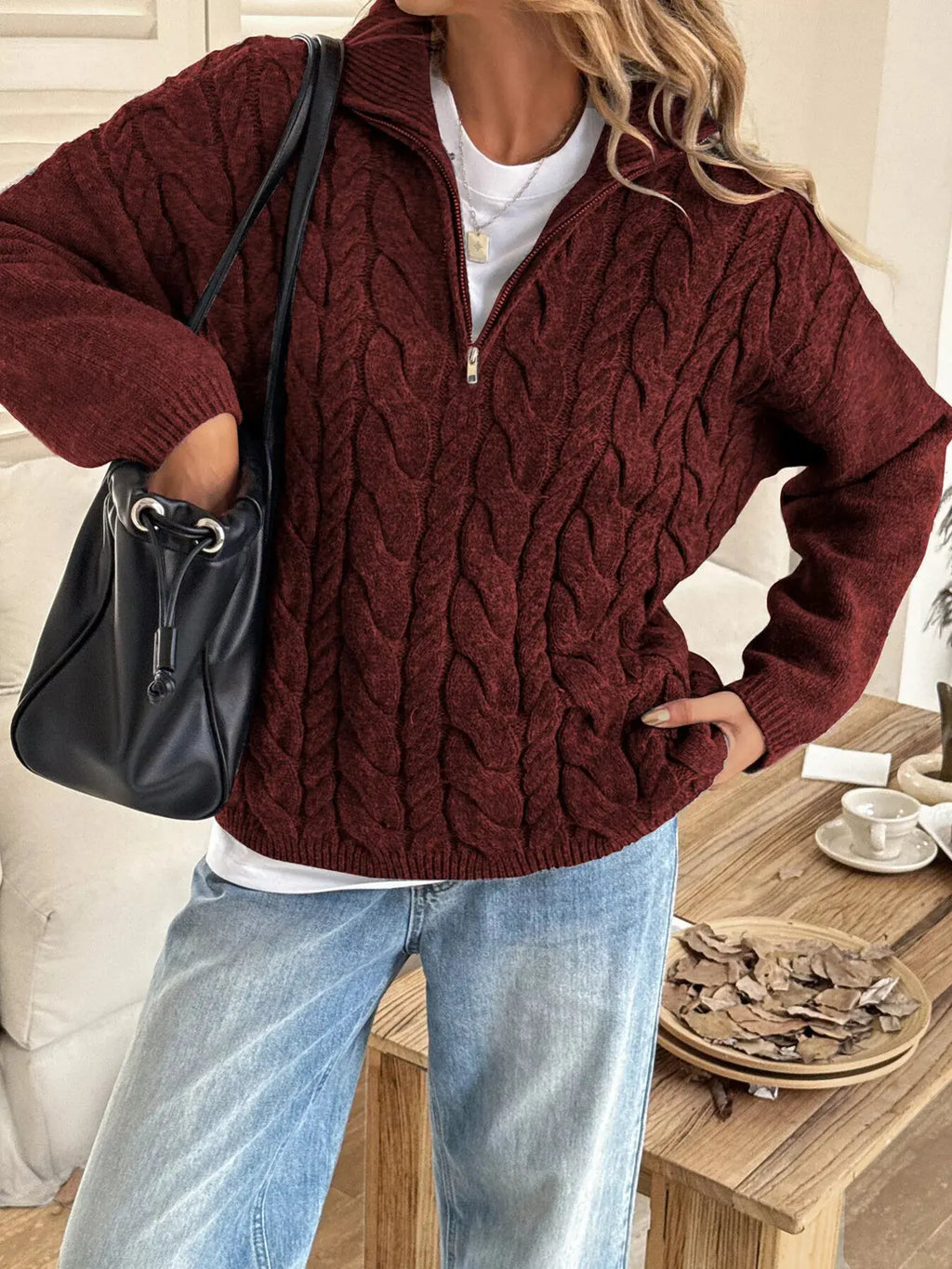 Zip Collar Cable Knit Sweater