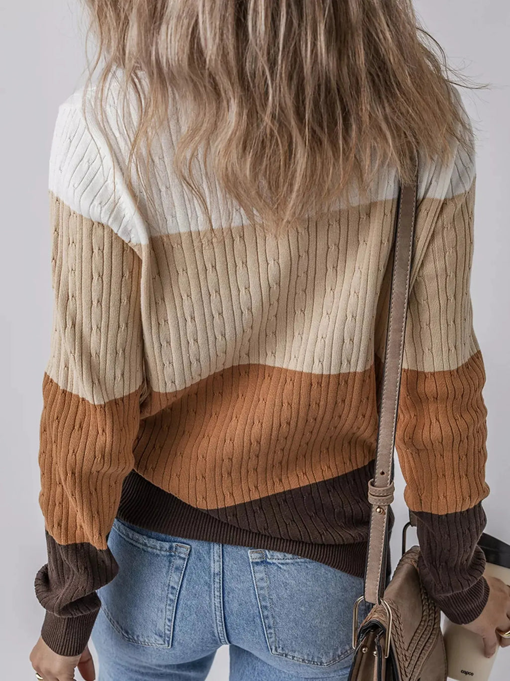 Colorblock Round Neck Cable Knit Sweater
