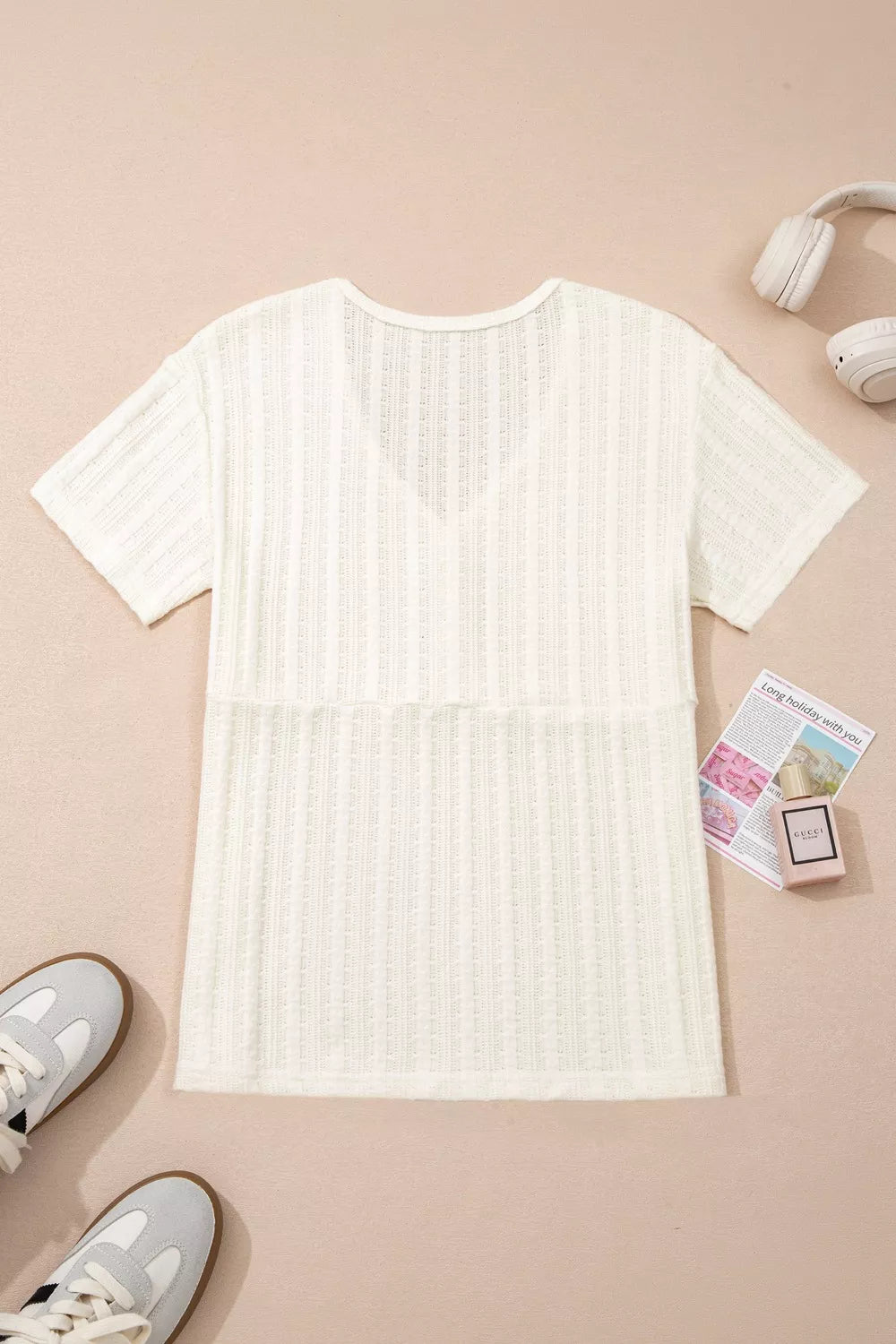 Ribbed Knit Button Detail V Neck T Shirt