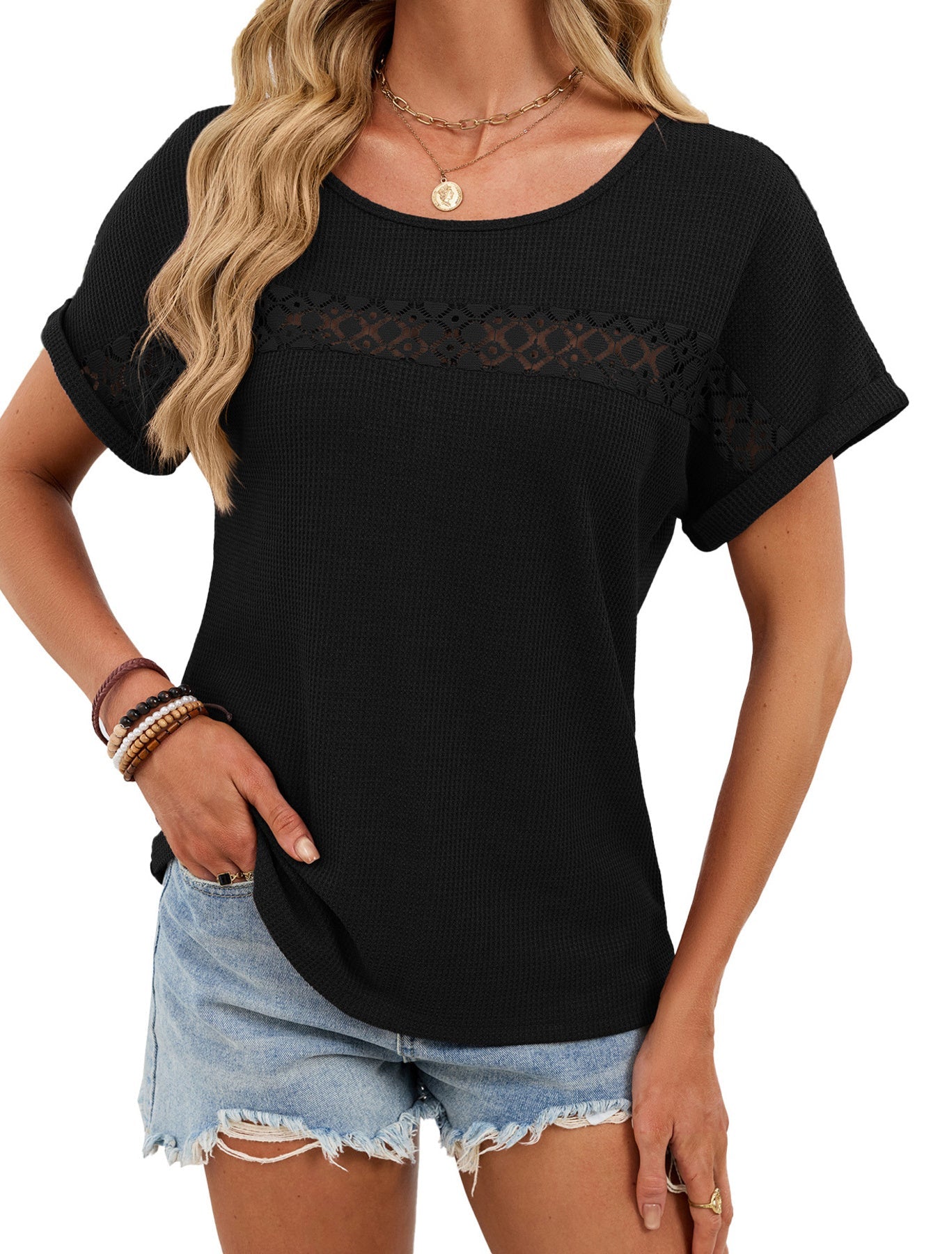Lace Trim Short Sleeve T Shirt