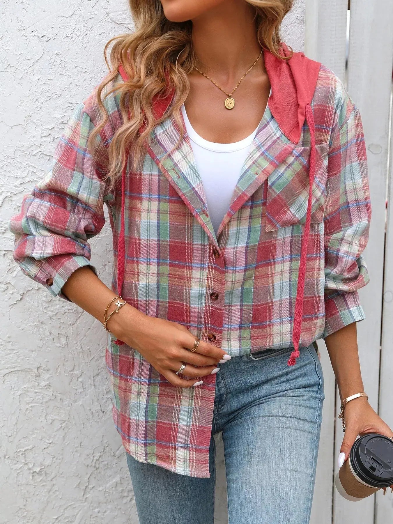 Plaid Button-Up Oversized Hooded Shirt with Chest Pocket