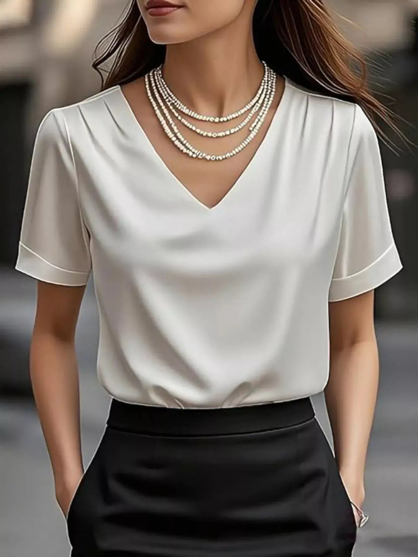 V-Neck Short Sleeve Satin Blouse
