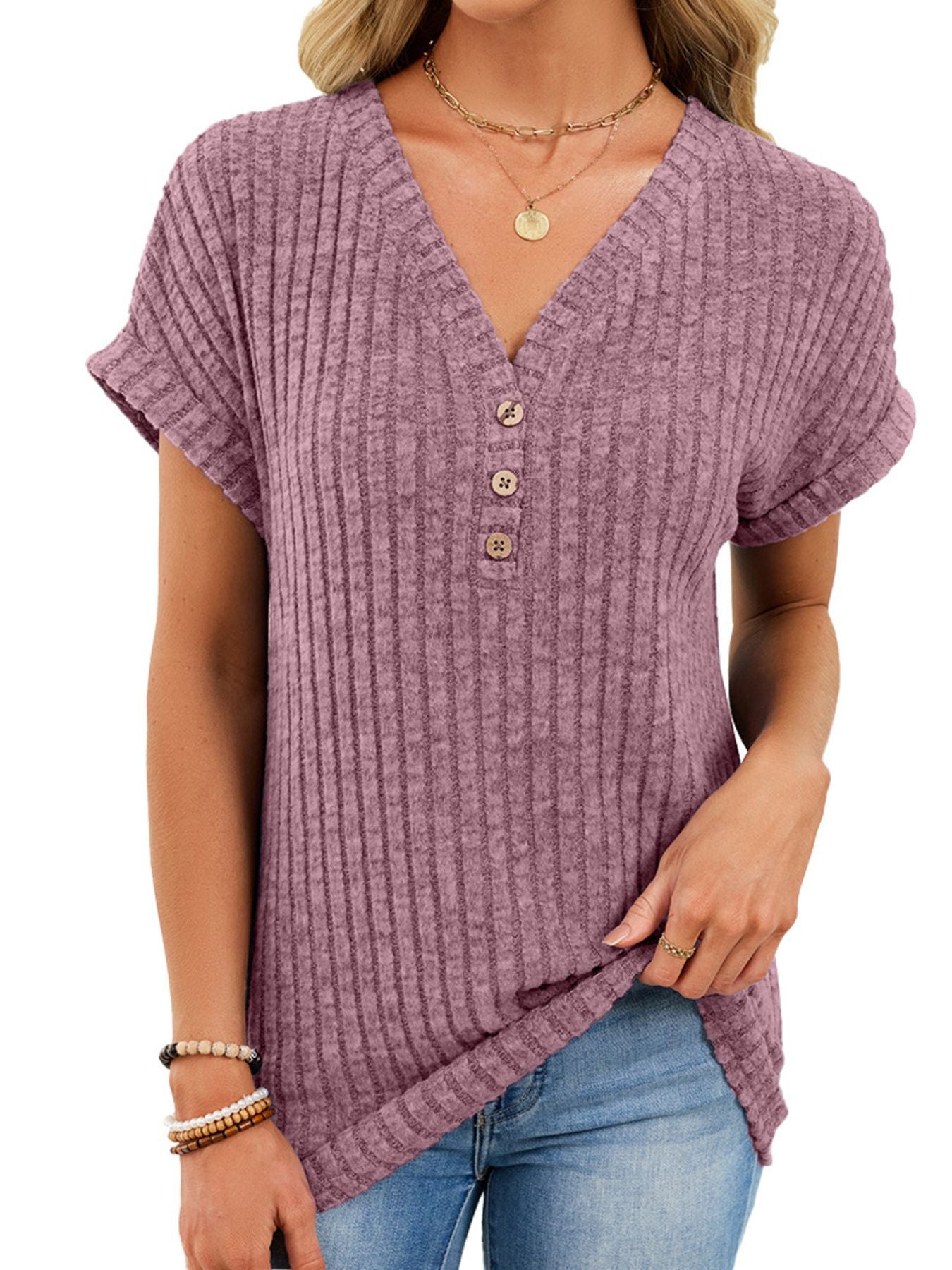 V Neck Ribbed Knit T Shirt