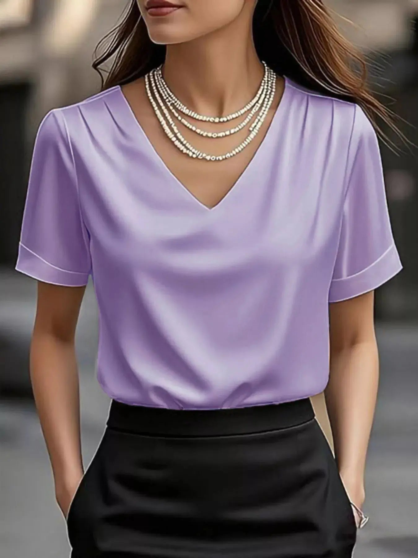 V-Neck Short Sleeve Satin Blouse