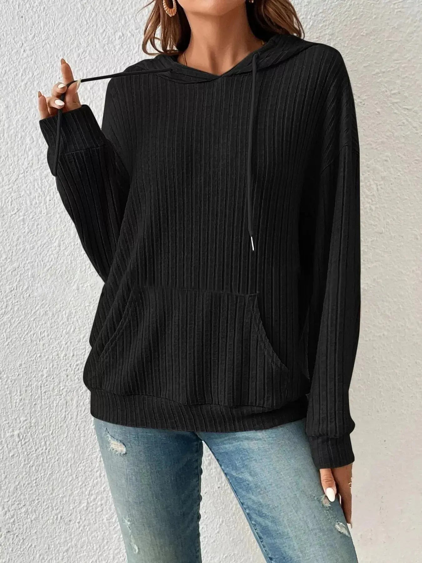 Ribbed Knit Long Sleeve Hoodie