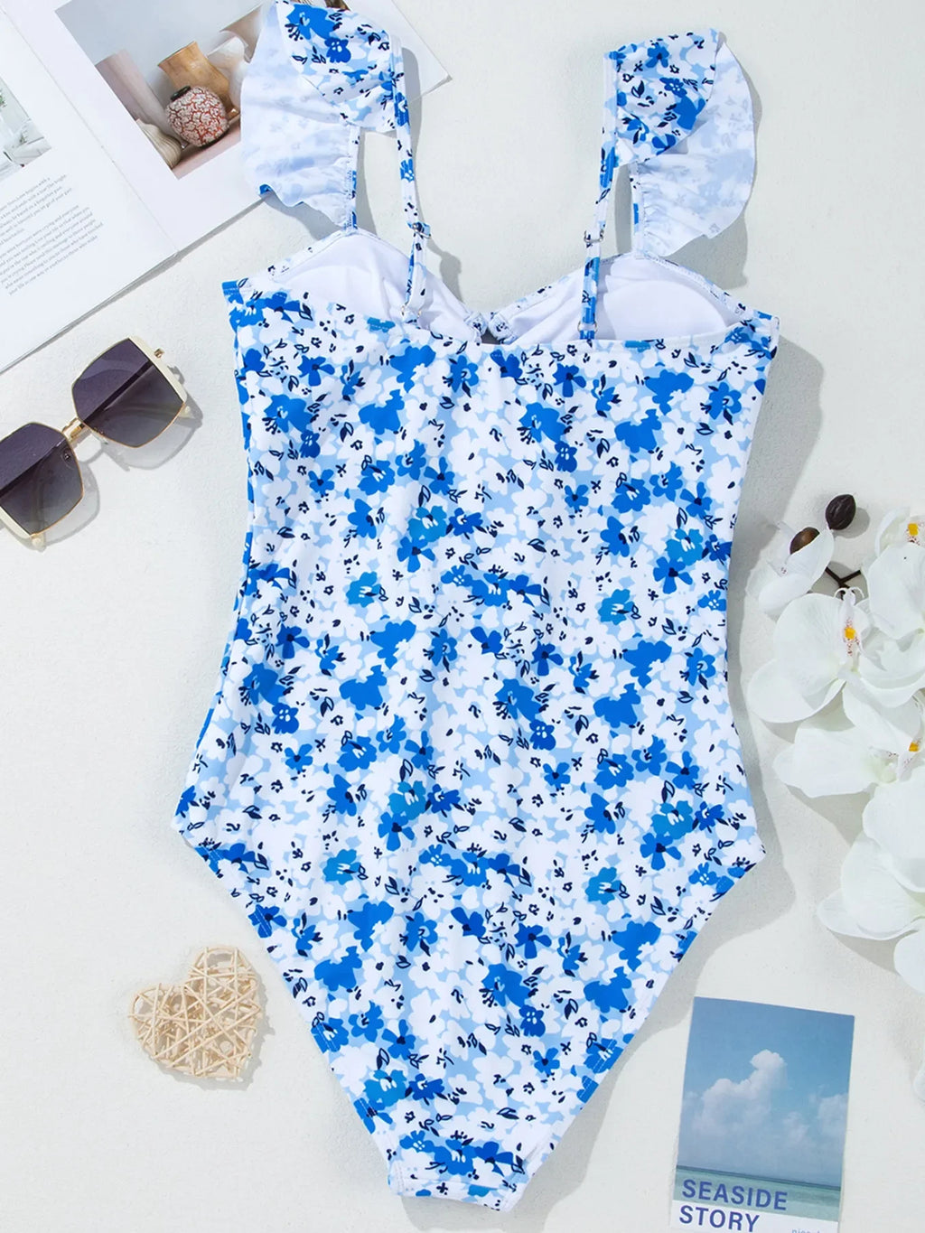 Floral Ruffled Strap Hollow Out Lace Up One Piece Swimsuit
