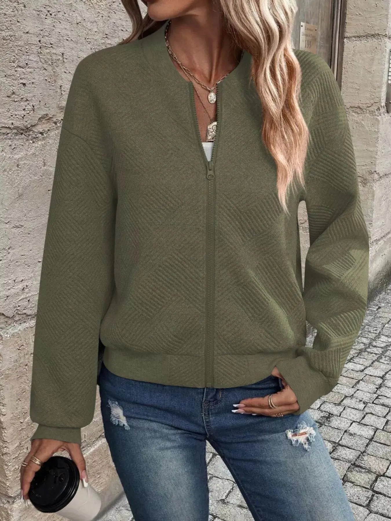Texture Zip Up Bomber Jacket