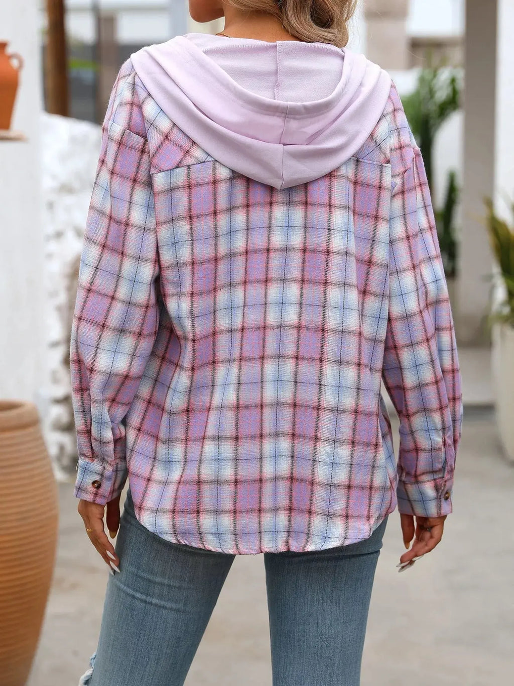 Plaid Button-Up Oversized Hooded Shirt with Chest Pocket