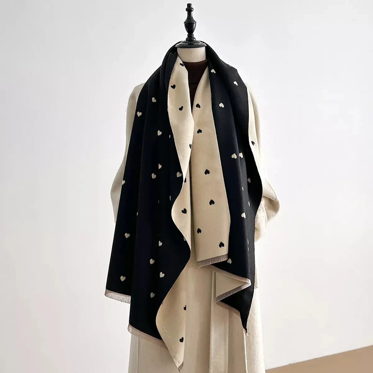 Heart-Patterned Raw Hem Winter Womens Scarf