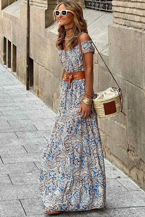 Blue Paisley Print Boho Off Shoulder Maxi Dress