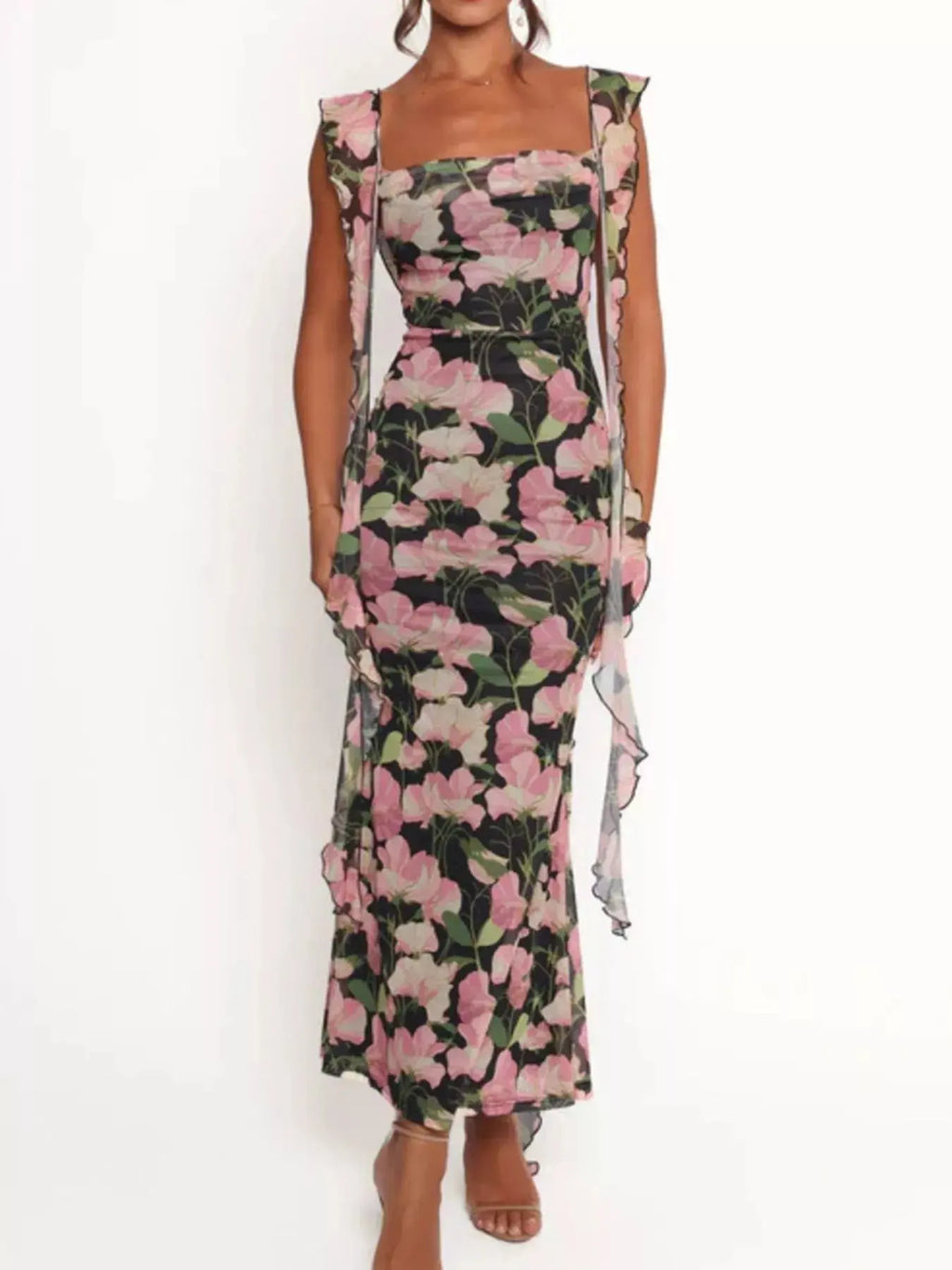 Floral Print Ruffle Trim Bodycon Maxi Dress