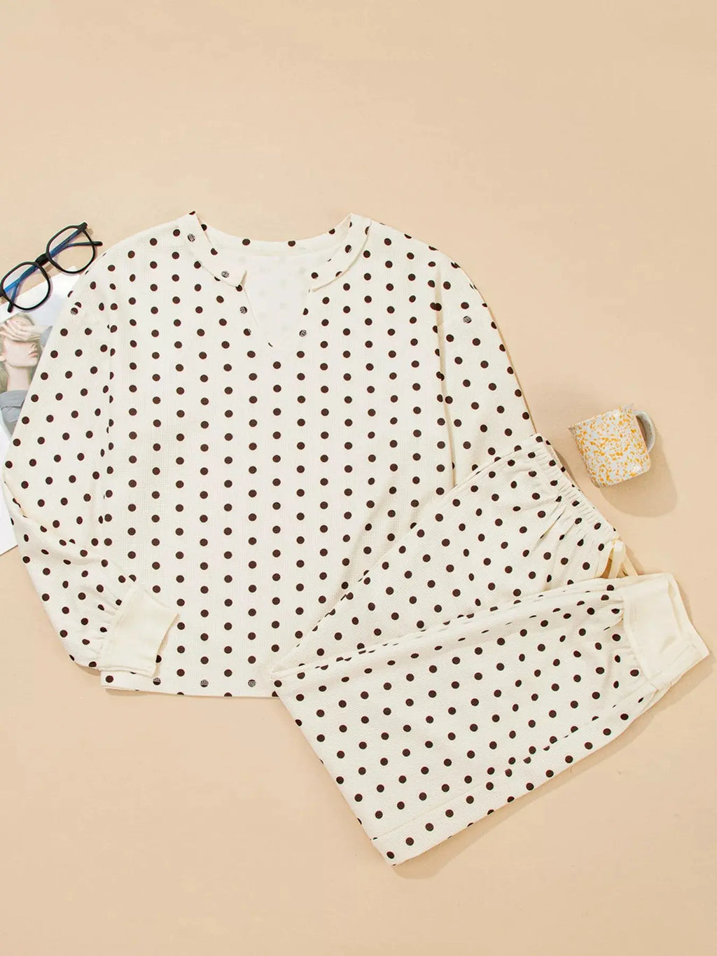 Polka Dot Notched Long Sleeve Top and Drawstring Loungewear Set