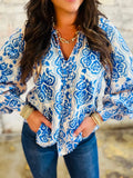 Printed Tie Split Neck Button Front Puff Sleeve Top