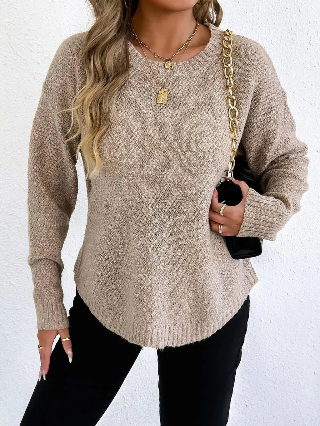 Round Neck Textured Knit Relaxed Fit Sweater