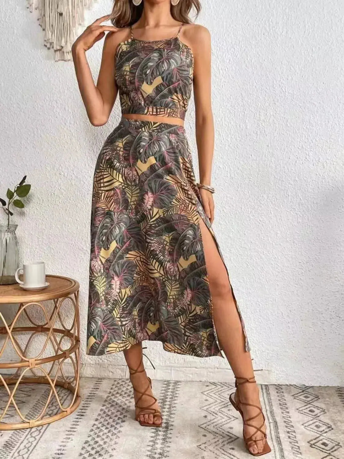 Tropical Leaf Print Two Piece Midi Skirt Set