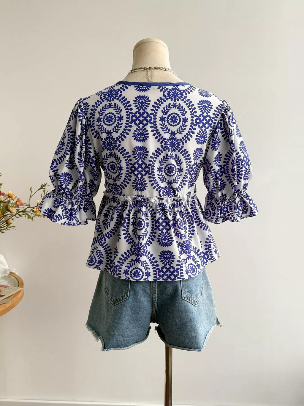 Navy Floral Tie Front Blouse