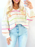 Colorful Striped Detail V-Neck Baggy Drop Shoulder Sweater