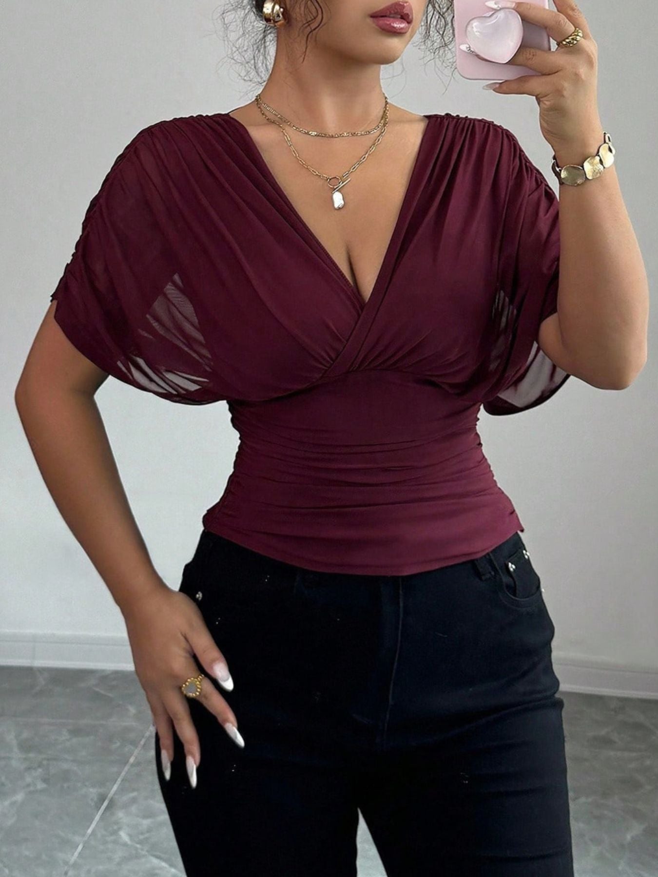 Ruched Surplice Short Sleeve Top