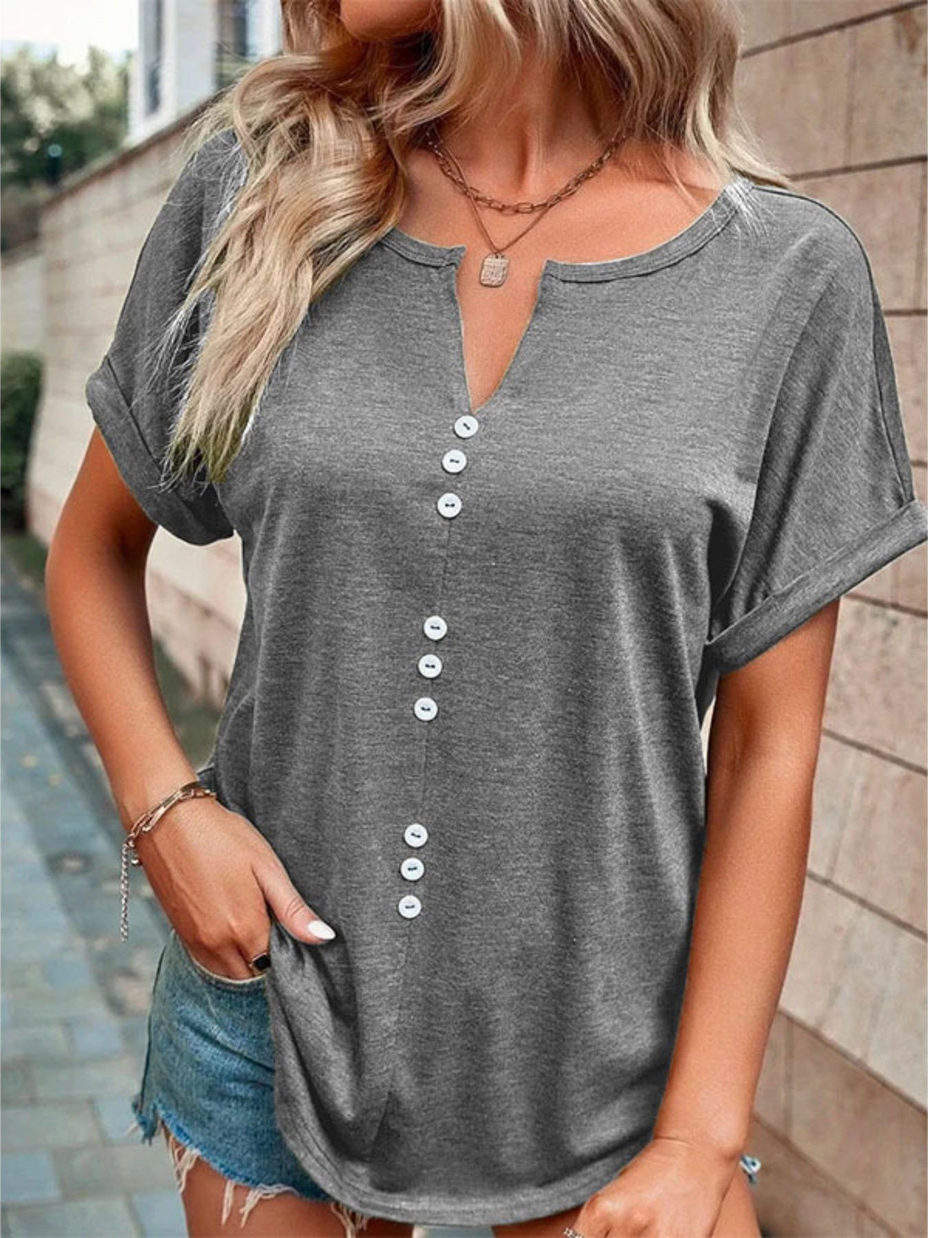 Full Size Decor Button Short Sleeve T Shirt