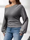 Striped One-Shoulder Plus Size Long Sleeve T Shirt